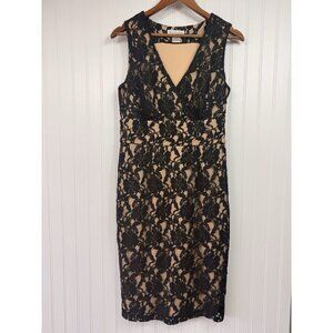 Newport News Dress Sz 8 Floral Lace Mesh Overlay Midi Cocktail Black Tan